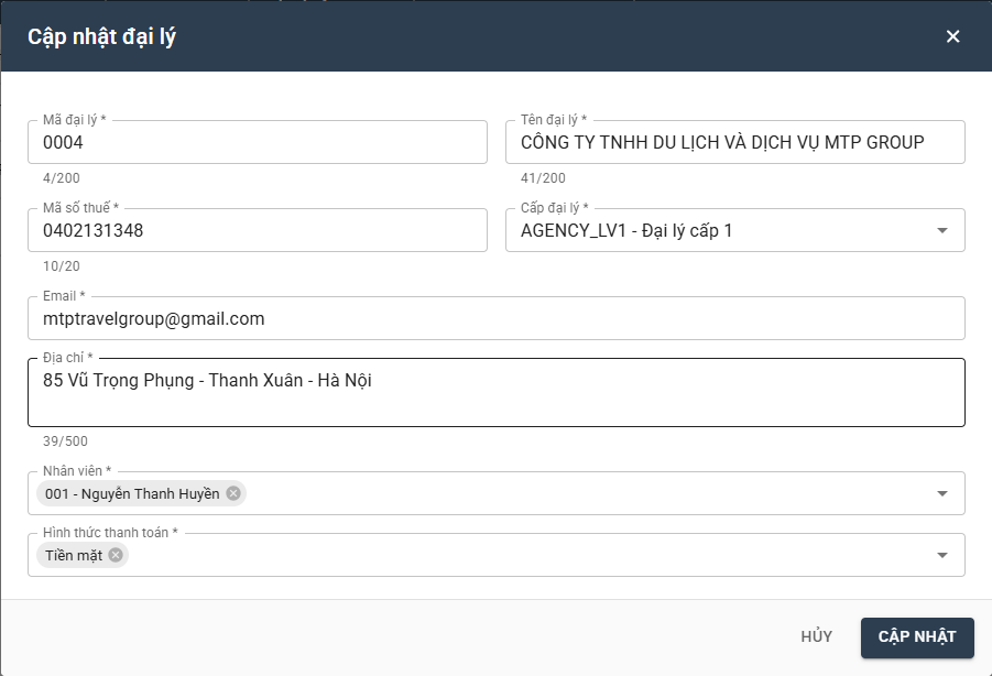 Giao diện chi tiết đại lý ThinkBox